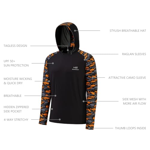 Bassdash Męska bluza z kapturem UPF 50 ochrona przeciwsłoneczna ochrona UV funkcyjna bluza z kapturem z długim rękawem koszula wędkarska Camo, XL