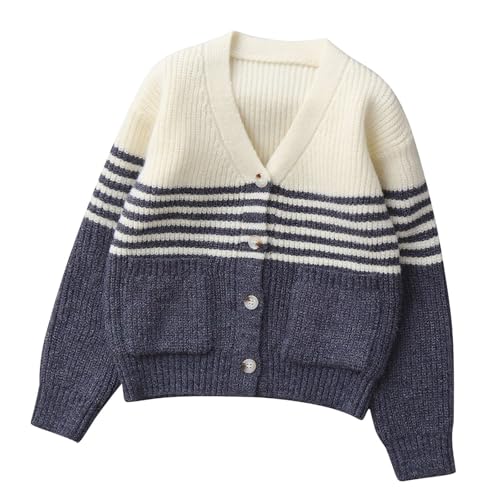 Cárdigan de punto para niños, de manga larga, con botones, con bolsillos, tejido suave, de algodón, para uso diario, informal, para la escuela, para niños de 5 a 14 años, D Azul, 7-8 años