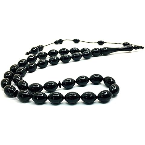 Prayer Beads Tesbih Tasbih Tespih Misbaha Subha 33, 37 cm, Muslim Islamic Rosary Prayer Wor Accessories, Ottoman Style, Black Onyx Effect, Oval Beads, 12 x 8 mm Cover