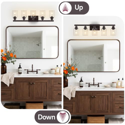 Image of 5-Light Oil Rubbed Bronze Bathroom Light Fixtures,30 inch Vanity Light | Modern Bronze Bathroom Lighting with Clear Glass Shades,Bathroom Wall Sconece over Mirror Sink Cabinet