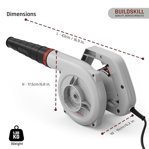 Image of BUILDSKILL 525W Air Blower Machine with 14000 RPM No Load Speed | Air Flow of 3.6 m3 /min | Continuous Start Switch | Protection Cap | Ideal Leaf Blower for Cleaning Dust PC, Car, Homes etc. | Grey