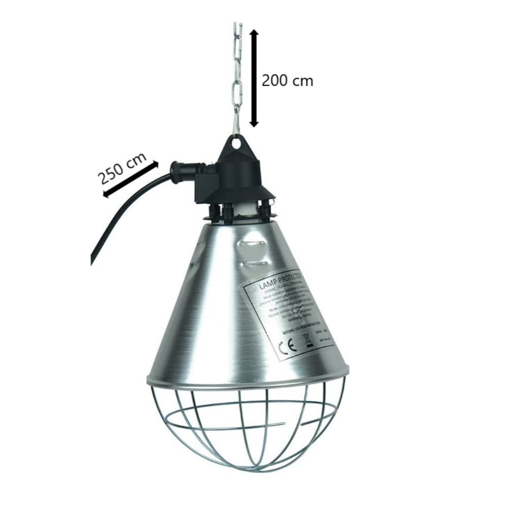 MeineHennen Infrarot-Wärmelampe mit Schutzkorb – 21 cm Reflektor, IPX4, E27 Keramikfassung, 2,5 m Kabel & 2 m Kette – ideal für Küken, Geflügel, Reptilien, Ferkel, Welpen & Katzen