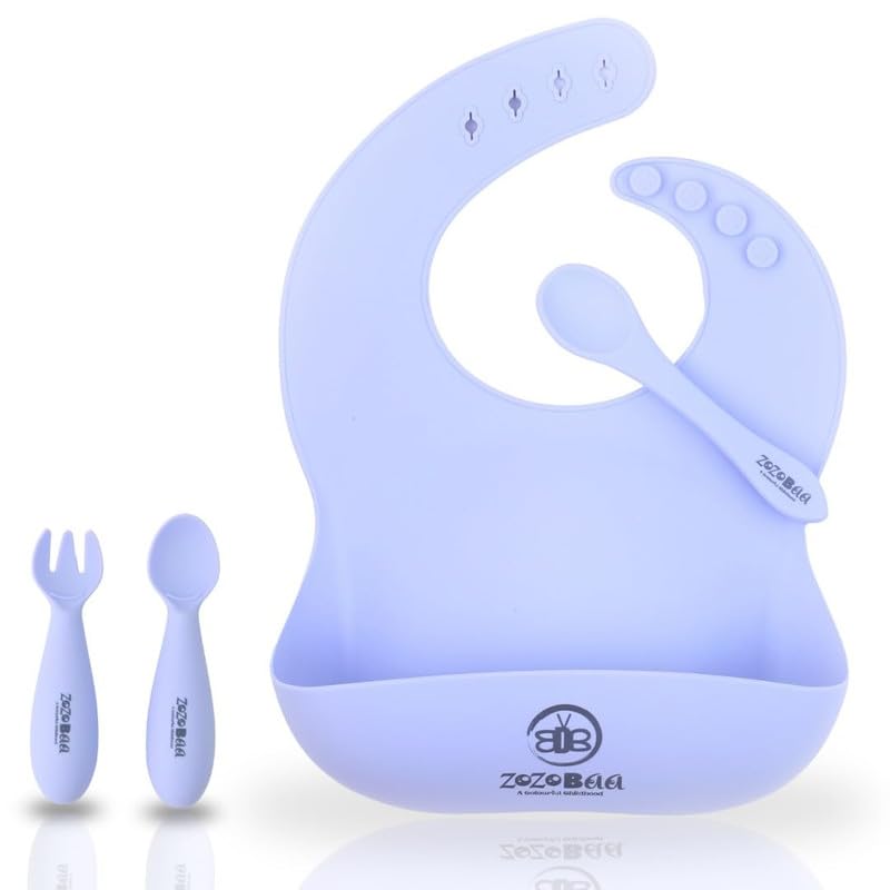 Image of Silicone Baby Bib with Spoon and Fork Set | Waterproof Adjustable Bib & First Stage Feeding Utensils for Infants & Toddlers | Soft Silicone Spoon for Baby 6 Months+, 1 Set, Purple