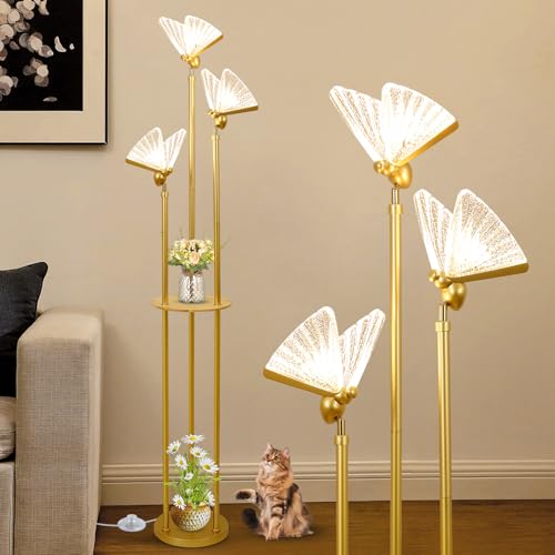 Stepeak Gold Floor Lamps for Living Room, Modern Floor Lamp with Shelves, 3 Adjustable LED Butterfly Lights, Brass Standing Lamps with Table, On/Off Switch, Corner Tall Floor Lamp for Bedroom