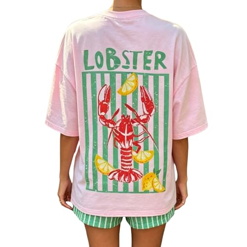 Cute Oversized Graphic Tee Teens Women Crab Fish Sardine Crawfish Lobster Shirt Y2ks Summer T Shirt Coastal Clothes (Pink Lobster Small)