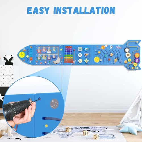 Image of Spacocld Rocket Activity Wall Busy Board Panels - Sensory Wall Panel for Kids, Montessori Toddler Wall Activity Board, Wall Toys for Toddlers 3, Activity Cube, Wooden Multi-Activity Boards, Blue(5PCS)