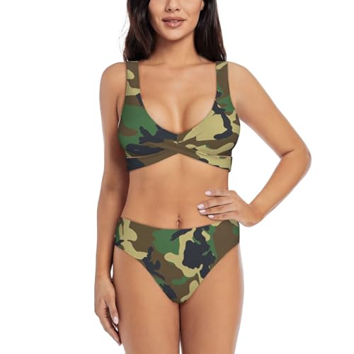 Maillot de bain 2 pièces camouflage militaire vert tissu séchage rapide élastique