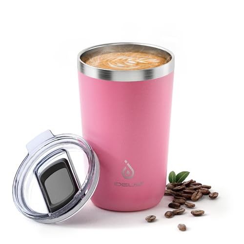Ideus 20 oz Tumbler, Travel Coffee Mug with Splash Proof Sliding Lid, Double Wall Stainless Steel Vacuum Insulated Coffee Mug for Home and Office, Keep Beverages Hot or Cold, Pink