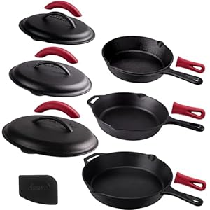 Cuisinel Cast Iron Skillets Set with Lids – 8″+10″+12″-inch Pre-Seasoned Covered Frying Pan Set + Silicone Handle and Lid Holders + Scraper/Cleaner – Use Cookware Indoor/Outdoor, Oven, Stovetop, Fire