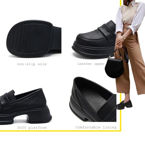 Image of Chunky Heel Platform Penny Loafers Women's Waterproof Fashionable Round Wide Toe Slip-On Thick Sole Work Shoes for Uniform Business Work Formal Wear