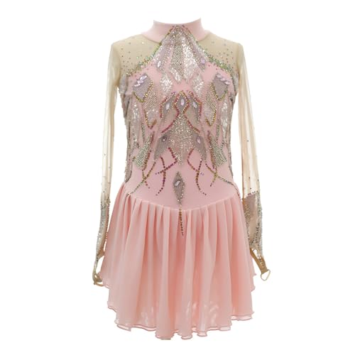 Girl's Elegant Figure Skating Dress, Women's Long Sleeve Ice Skating Dresses for Competition, Team Uniforms(4X-Large) Pink