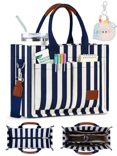 Image of BECOJADDE Structured Canvas Tote Bag for Women, Multi-Compartment Zippered Purse for Work Bible Travel