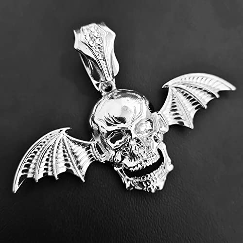 White Gold plated Avenged Sevenfold Skull Flying Bat Wings Charm Pendant & 10mm 18" 20" 24" Iced Baguette Chain Necklace4