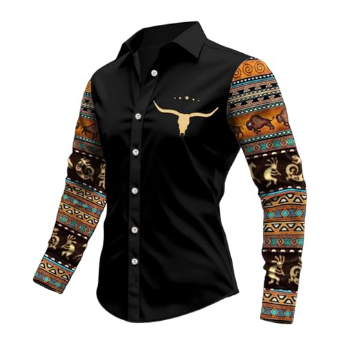 Chemise Homme Manches Longues Western Country, Imprimé Tête de Taureau Vintage, Chemise Cowboy Homme Grande Taille Patchwork, Chemisette Slim Fit à Boutons,...