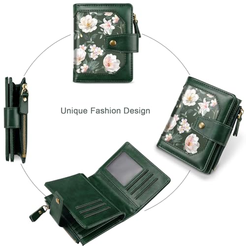 Image of Women Wallet Bifold RFID Blocking Small Credit Card Holder Leather Wallets Cards Case Ladies Purse with Zipper, Dark Green Flowers