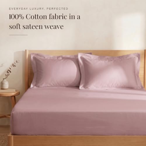 Image of Huesland 300 TC Premium 100% Pure Cotton Luxe Soft Touch Fitted Single Size Bedsheet Cotton with 2 Pillow Covers | Cameo Pink | 36 x 78 Inches