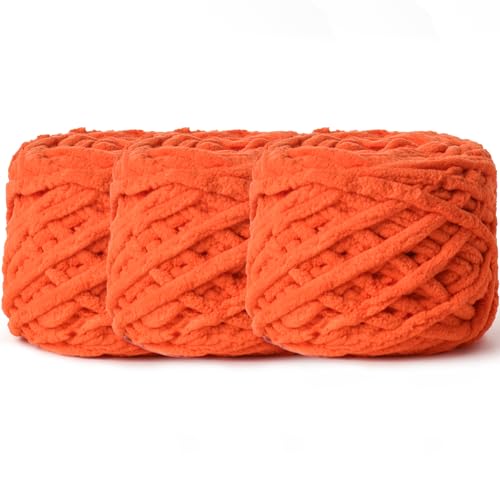 3 Pack Plush Chenille Chunky 100g (49.2yd) - Fluffy Velvet Yarn for Crochet, Knitting and Amigurumi - Baby Yarn in Orange