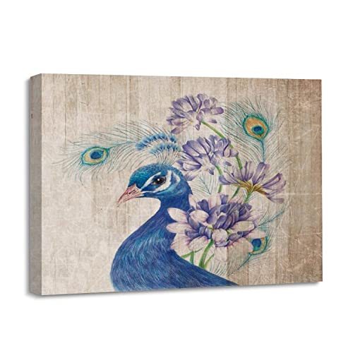 Lienzo de pavo real enmarcado retro para decoración de pared moderna en salón, 12x16