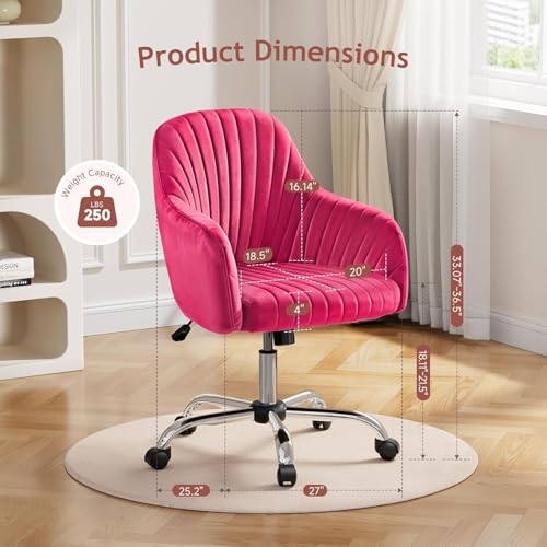Image of AZAKEE Velvet Office Chair with Wheels & Armrests - Mid-Back Swivel Desk Chair for Home Office, Study, Bedroom & Vanity - Adjustable Height, Comfortable & Stylish (Barbie Pink)