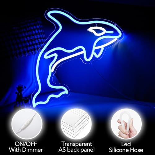 Image of killer whale Neon Sign, Whale Bedroom Wall Decor With Usb Powered Ocean Killer Dimmable Lights Led Sign For Game Room Office Bar Pub Club Man Cave Decoration（16.5 X 12.6 In）
