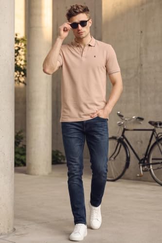 Image of Louis Philippe Men's Slim Fit Single-Tuck Pique Stylized Sleeve Print and Contrast Tipping Half Sleeve Solid Cotton Polo Tshirt