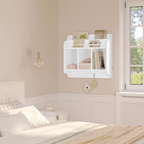 WOLTU Estantería Pared para Niños, Librería Infantil Flotante, Estantes de Pared con 3 Compartimentos y 4 Ganchos de Pomo, para Guardería, Habitación Infantil y Sala de Juegos, Blanco - imagen 8