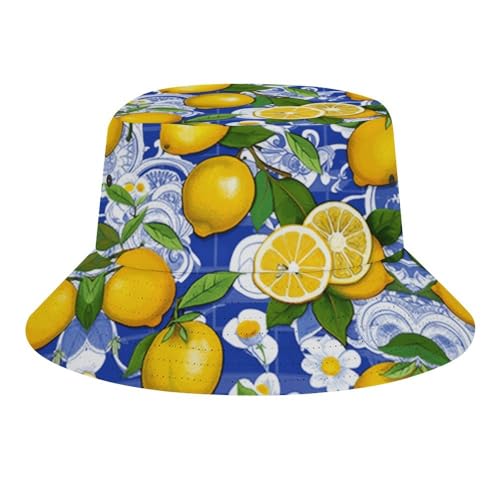 Mediterranean Lemon On Blue Ceramic Tiles Bucket Hat for Men Women Fisherman Hat Packable Sun Cap Outdoor Travel Beach Caps