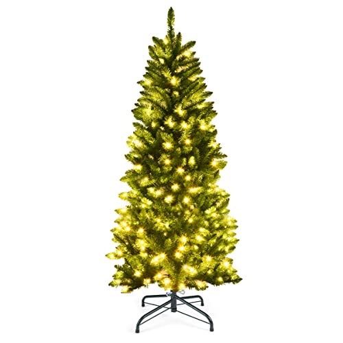 Goplus 5ft Pre-lit Artificial Pencil Christmas Tree, Hinged Fir Xmas Tree with 150 LED Lights, 300 Branch Tips, for Indoor Home Office Holiday Festival Decor