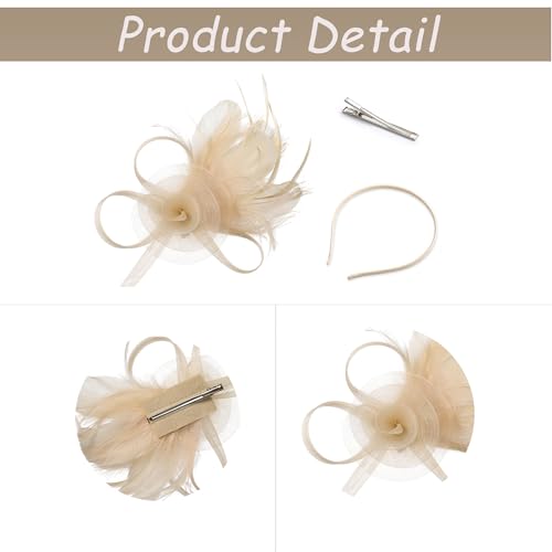 CHIC DIARY Fascinators for Women Tea Party Hat Headband Clip Hats Wedding Flower Feather Headpiece for Cocktail Party (Champagne) - Thumbnail 4