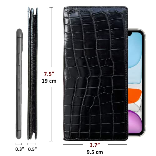 Long Wallets For Men Black Alligator Exotic Skin Wallets Rodeo Checkbook Cover Crocodile Slim Wallet RFID Blocking Multi Card Pocket Holder Extra Capacity with Smart Phone Handmade Gift LON114