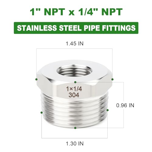 TAISHER 5PCS 304 Stainless Steel New Reducer Hex Bushing, 1\" NPT Male x 1/4\" NPT Female, Reducing Pipe Adapter Fitting