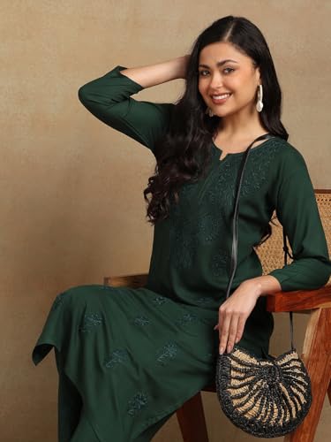 Image of Lucknowi Chikankari Floral motifs Embroidered Liva Green Straight Kurta with Palazzo For Women
