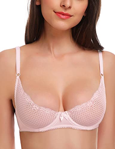 Wingslove Women's Sexy 1/2 Cup Lace Bra Balconette Mesh Underwired Demi Shelf Bra Unlined See Through Bralette (Light Pink, 36A) #TOP5