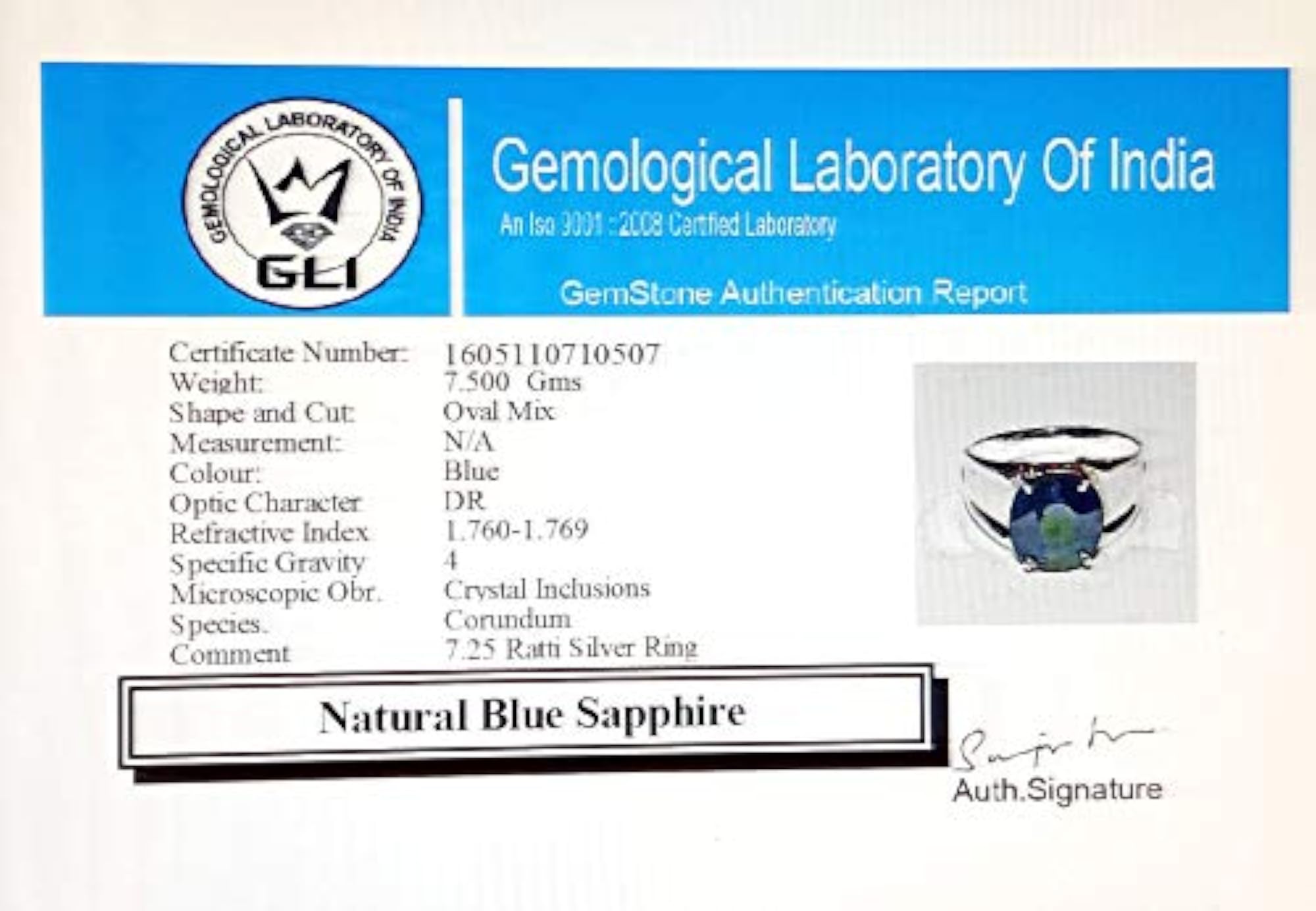 Certified Natural Blue Sapphire Stone Sterling Silver Ring