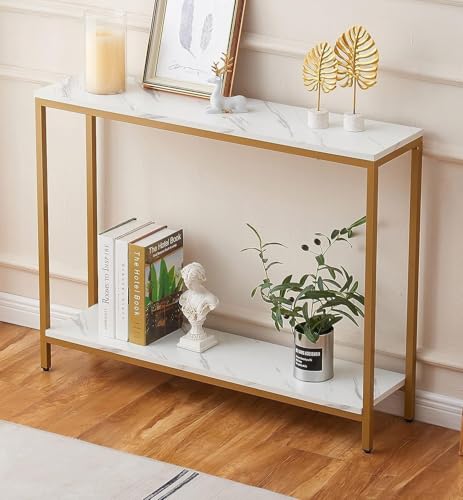 Image of Metal Frame 2-Tier Premium Entryway Table for Living Room, Hallway & Bedroom | Modern Narrow Sofa Console Table for Home & Office Decor | Sturdy & Stylish Accent Table (Gold)