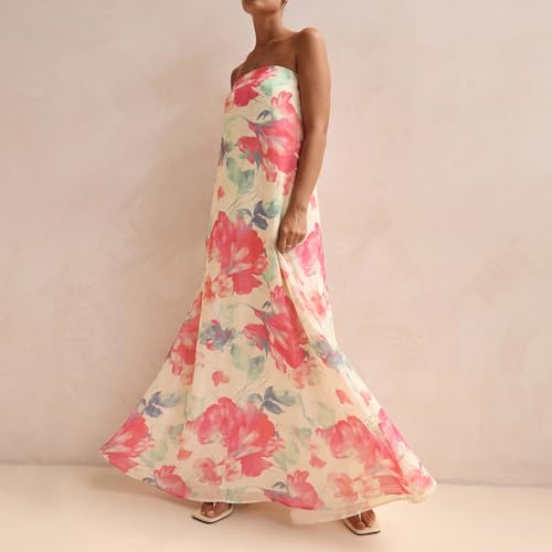 Image of Zwirelz Women Strapless Maxi Dress Boho Floral Print Flowy Long Tube Dress Off Shoulder Loose Beach Sundress