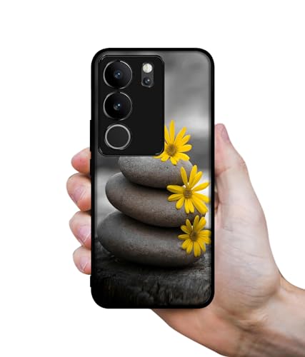 Image of Stones and Flower Design Premium 2D Printed Metal Back Case Cover for Vivo V29 5G / V29 Pro 5G, Black