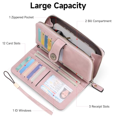Image of Wristlet Wallets for Women Leather Credit Card Holder Bifold Pink | RFID Blocking, Large Capacity, Ladies Phone Clutch Purse with Zippered Coin Pocket