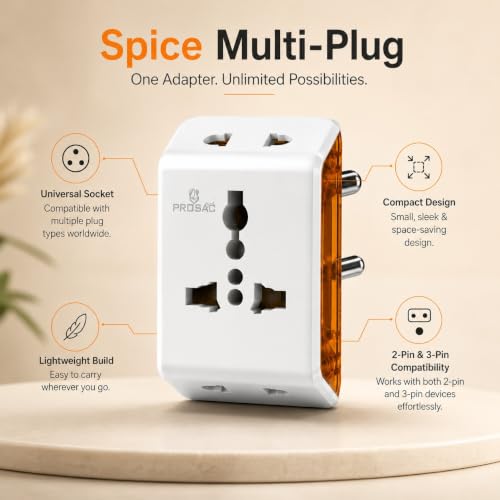 Image of PROSAC 6A Universal Multi Plug Adapter | 3-Pin Socket | Supports 2-Pin & 3-Pin Plugs | Travel Adapter for Mobile Chargers, Laptops & Electronics | Pack of 5