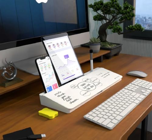 Image of Shuttle Art Tabletop Smart Desk Buddy Whiteboard Easel | Desk Organizer with Storage Compartment | Office Home School Study Supplies | Memo Board-Marker & Eraser | Computer Keyboard Stand-Grey White