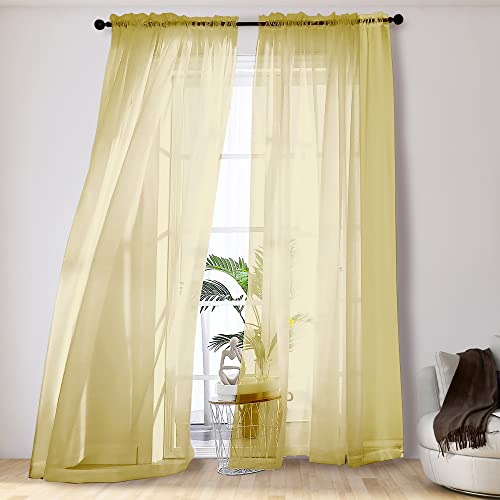 Image of OVZME Mustard Yellow Sheer Curtains 108 Inches Long, Light Filtering Airy Transparent Lightweight Voile Rod Pocket Window Curtains for Bedroom, Living Room, W42 x L108, Set of 2 Drape Panels