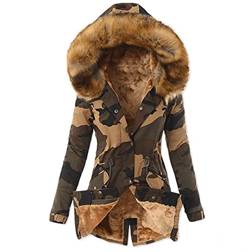 Wintermantel Mit Fellkapuze Damen Langarm Übergangsjacke Große Größe Camouflage Mantel Winter Warm Dicker Gefüttert Lang Übergangsmantel Leichte Winddicht Atmungsaktiv Longjacke Parka Winterjacke