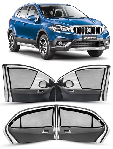 Image of Autofact Magnetic Car Sunshades Compatible with Maruti Scross (Set of 4) - Easy Installation, UV Protection, Keeps Car Cool (Front 2 Half-Cut for Side Mirror Visibility, Rear 2 with Zippers)