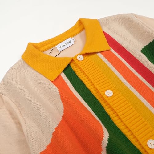 OXKNIT Mens Casual 60s Retro Geometric Knitted Short Sleeve Vintage Button Down Golf Polo3