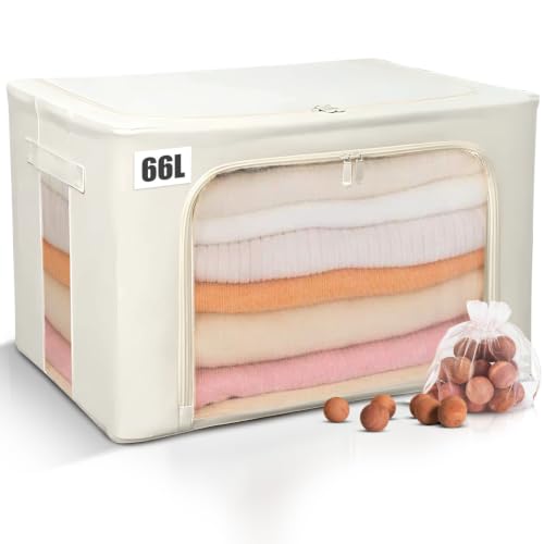66L Large Cashmere Sweater Storage Bag with Steel Frame | Natural Red Cedar Protection | Foldable Closet Organizer with Oxford Fabric, Mesh Windows | Premium Garment Box for Wool, Winter Coat, Clothes