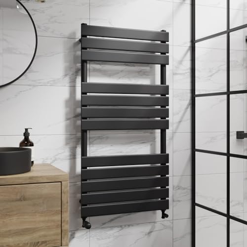 DuraTherm 1200 x 600mm Flat Panel Heated Towel Rail Radiator Modern Central Heating Bathroom Warmer Wall Mounted Ladder Rad Matt Black