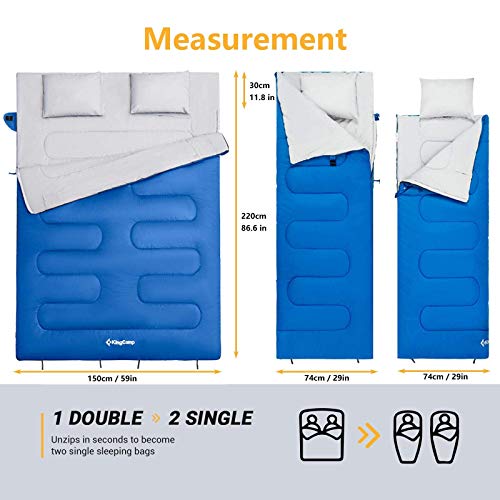 KingCamp 87 x 59 Inch 2 Person 20 Degree Lightweight Waterproof Couple Family Sleeping Bag with 2 Pillows for Camping, Hiking, & Backpacking - Image 3