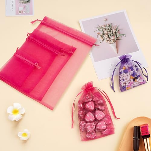 Image of 50PCS Hot Pink Organza Bags 3x4, Small Gift Bags Drawstring Mini Mesh Pouches for Jewelry Candy Makeup Sachet, Cute Goodie Baggies for Birthday Graduation Wedding Baby Shower Party Favors