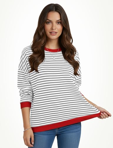 Image of Womens 2025 Long Sleeve Sweaters Casual Crewneck Striped Color Block Drop Shoulder Tops Lightweight Cute Fashion Knitted Pullover Outfits Ladies Fall Jumpers Clothes Y2K Trendy Grey and White