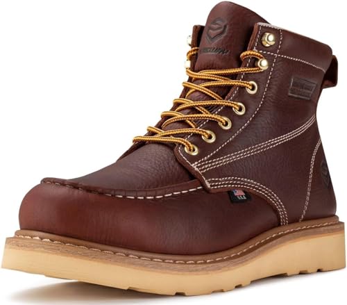 SUREWAY 6 in Mens Soft Toe Work Boots for Men-Full Grain Leather,Wedge Moc Toe Work Boots/Shoes,Soft Toe Dark Brown,Size 9.5